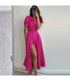 Fashion Crew Neck Puff Sleeve A-Line Midi Dress Single-Breasted Slit Solid Color Wholesale Dresses SD58855