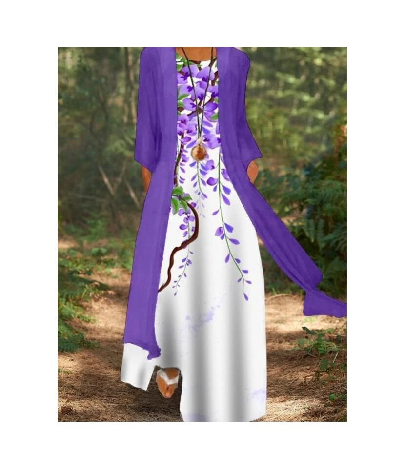 Printed Mid-Sleeve Loose Casual Coat & Maxi Dress Fashion Wholesale Womens 2 Piece Sets SD204468 - Image 8