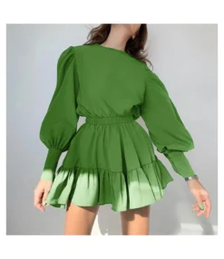 Long-Sleeve High-Waist Vintage Pleated Swing Ruffled Dress Wholesale Dresses SDN536410