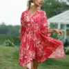 Floral Printed V Neck Tie-Up Waist Half Sleeve Irregular Hem Dress Casual Wholesale Dresses SDN532791