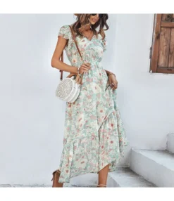 Floral Print Frill Sleeve V Neck Nipped Waist Mid-Length Ruffled Flowy Dress Casual Wholesale Dresses SDN533131