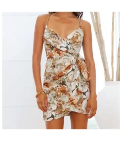 Printed Sling Deep-V Neck Side Knotted Pleated Bag Hip Mini Dress Sexy Wholesale Dresses SDN533231