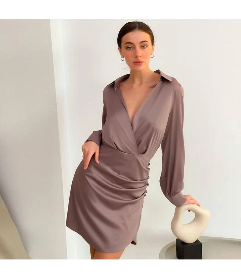 Sexy Satin Deep V Neck Dress Solid Color Long Sleeve A-Line Wholesale Dresses SDN560922 - Image 6
