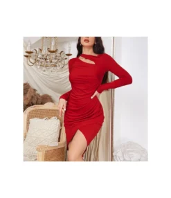 Sexy Hollow Halter-Neck Long-Sleeve Pleated Wrap Dress Wholesale Dresses SDN537260