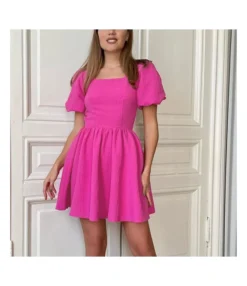 Fashion Square Neck Bubble Sleeve High Waist A-Line Mini Dress Wholesale Dresses SDN562842