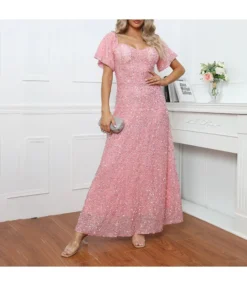 Fashion Short Sleeve Square Neck Party Sequin Dress Wholesale Maxi Dresses SDN536982