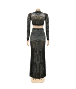 Maxi Dress 2 Piece Set Wholesale Bodycon Sexy Black Sequins SO200637