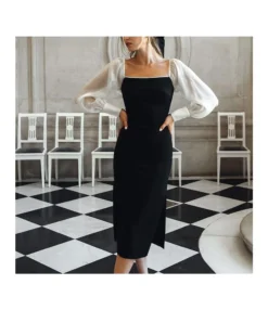 Temperament Bubble Sleeve Patchwork Strapless Pearl Open Long Dress Wholesale Dresses V5923032800058