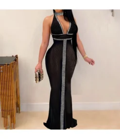 Sexy Deep V Halter Hot Drill Perspective Maxi Dress Sleeveless Slim Nightclub Wholesale Dresses SD55519