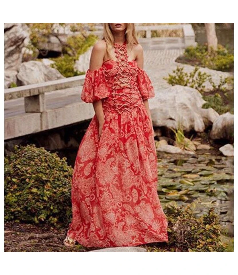 Printed Unique Design Hollow Sexy Tieback Vacation Swing Dress Beach Lantern Short Sleeve Halterneck Maxi Dresses Wholesale Bohemian Dress For Women SD531285