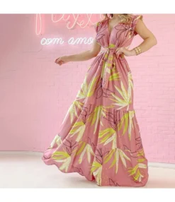 Printed Ruffled Frill Sleeve Deep-V Lace-Up Smocked Dress Vacation Wholesale Maxi Dresses SDN532985