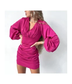 Sexy V-Neck Slim A-Line Long-Sleeve Bag Hip Satin Dress Wholesale Dresses SDN538618