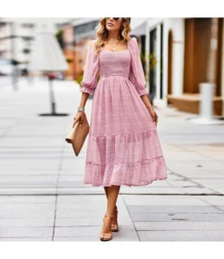 Printed High Waist Square Collar 3/4 Sleeve Flowy Dress Wholesale Dresses N5323021300017