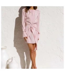 Solid Color Ruched Knot Neck Long Sleeve Fashion A-Line Satin Dress Wholesale Shirt Dresses SDN532595