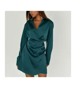 Sexy Lapel Nipped Waist Long Sleeve Ruched Wrap Satin Dress Wholesale Dresses SDN538619