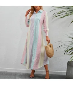 Wholesale Striped Colorblock Asymmetrical Shirt Maxi Dress SD200044