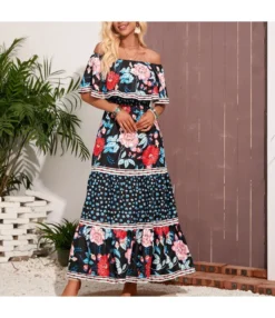 Floral Print Off Shoulder Ruffled Lapel Lace-Up Waist Swing Resort Dress Wholesale Maxi Dresses SDN533386