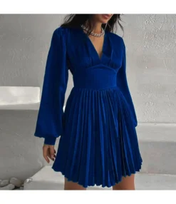 Long Sleeve Deep-V Sexy High Waist Pleated Satin Dress Wholesale Dresses SDN537372