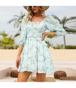 Floral Print 3/4 Lantern Sleeve Square Neck Backless Chiffon Ruffled Dress Sexy Wholesale Dresses SDN532328