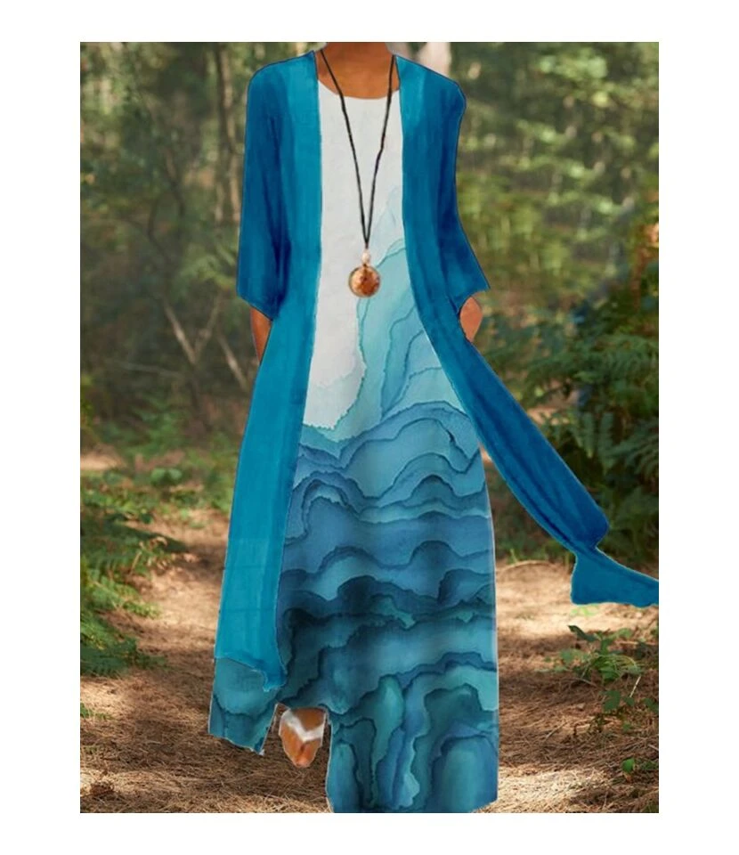 Printed Mid-Sleeve Loose Casual Coat & Maxi Dress Fashion Wholesale Womens 2 Piece Sets SD204468 - Image 3