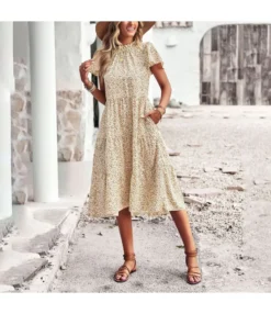 Flare Short Sleeve Casual Vacation Floral Midi-Length Smocked Dress Wholesale Dresses N5323021300009