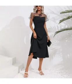 Mesh Patchwork Short Sleeve Retro Solid Color Swing A-Line Dress Wholesale Dresses N5323030300068