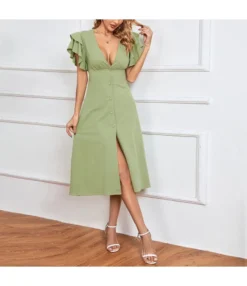 Low V-Neck Button-Down Open-Back A-Line Skirt Solid Color Dress Wholesale Dresses SDV464510