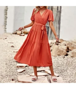 Wrapped Solid Color Long Temperament Swing Smocked Dress Wholesale Dresses SDN539505