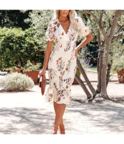 Printed V-Neck Slim Elegant Ruffle Dress Wholesale Dresses SDN535657