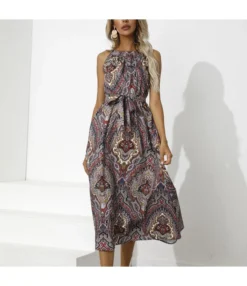 Trendy Ethnic Style Printed Lace-Up Waist Sleeveless Midi Swing Dress Casual Wholesale Dresses SDN532785
