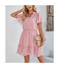 Casual V-Neck Solid Color Ruffle Swing Dress Wholesale Dresses SDN538814