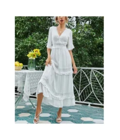 V-Neck Lace Stitching Short Sleeve Open Back Mid-Length White Resort Swing Ruffled Dress Wholesale Dresses SDN533226