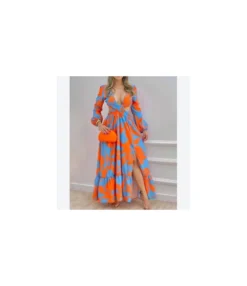 Printed Fashion Open Back Cutout Lantern Sleeve Sling Swing Dress Crossover Wrap Chest Vacation Wholesale Maxi Dresses SD531296