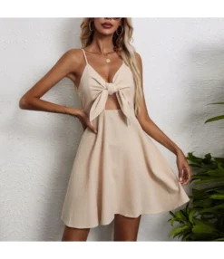 Lace-Up Solid Color Bowknot Cotton & Linen Slip Vacation Dress Wholesale Dresses Sexy Womens Clothing SD204239