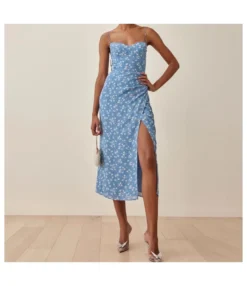 Floral Print Sling Lace-Up High Waist Pleated Slit Resort Dress Sexy Wholesale Dresses SDN580385