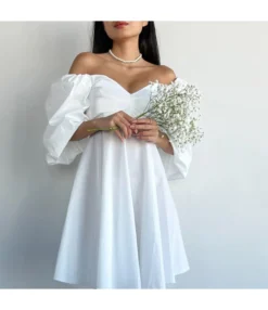 Sexy Strapless High Waist Bubble Sleeve Solid Color A-Line Mini Dress Wholesale Dresses SDN562843