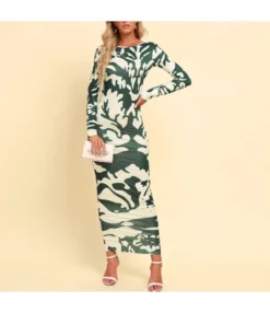 Casual Contrast Print Maxi Dress Crew Neck Sexy Backless Slim Long Sleeve Wholesale Dresses SDN560149