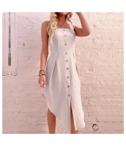 Solid Color Single-Breasted Design Irregular Hem Cotton & Linen Sling Dress Summer Wholesale Dresses SD168363