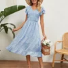 V-Neck Short Sleeve Printed Chiffon Waist Flowy Dress Wholesale Dresses SDN539968