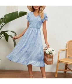 V-Neck Short Sleeve Printed Chiffon Waist Flowy Dress Wholesale Dresses SDN539968
