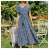 Floral Print V Neck Lace-Up Ruffle Sleeve Midi Swing Dress Summer Casual Wholesale Dresses SDN532703