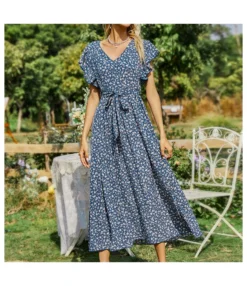 Floral Print V Neck Lace-Up Ruffle Sleeve Midi Swing Dress Summer Casual Wholesale Dresses SDN532703