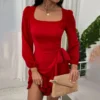 Square Neck Puff Sleeve Long Sleeve Ruffle Slim Dress Wholesale Dresses SDN5389922