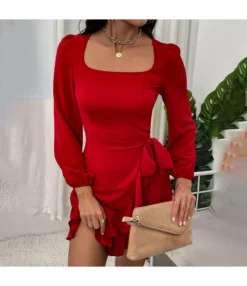 Square Neck Puff Sleeve Long Sleeve Ruffle Slim Dress Wholesale Dresses SDN5389922