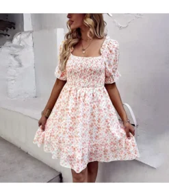 Fashion Chiffon Square Collar Floral Mini Swing Dress Loose High Waist Petal Sleeve Wholesale Dresses SDN560437