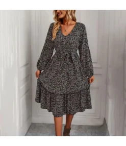 Printed V Neck Long Sleeve Tie-Up Waist Casual Swing Dress Wholesale Dresses SDN537200