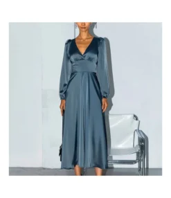 Elegant Deep-V Neck Lantern Sleeve Banquet Long Satin Dress Wholesale Dresses N5323021400225