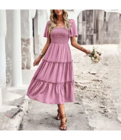 Solid Color Casual Slim Waist Midi Jacquard Smocked Dress Wholesale Dresses SDN539506