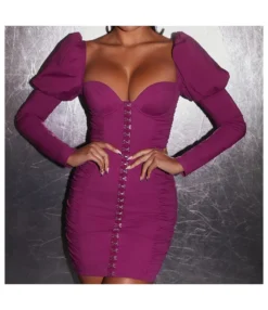 Pleated Sexy Low Cut Long Sleeve Puff Sleeve Sheath Mini Dress Wholesale Dresses SDV463783