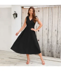 V-Neck Drawstring Sleeveless Slim Fit Pleated Solid Color Midi Dress Wholesale Dresses SDV463940